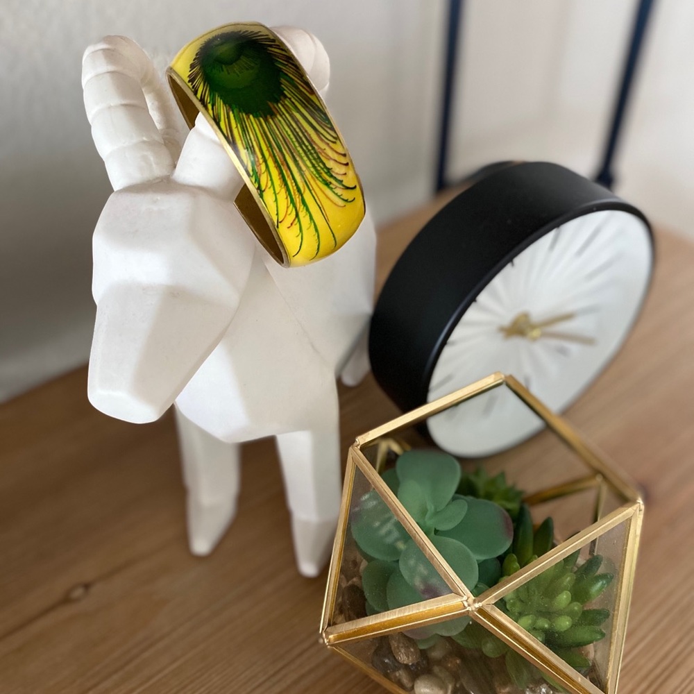 Vintage Hand-Painted Peacock Feather Brass Bangle